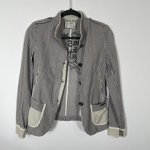 Desigual Charcoal Londres Blazer Jacket Women's Size 36 Striped Raw Edge Cotton - Picture 10 of 11